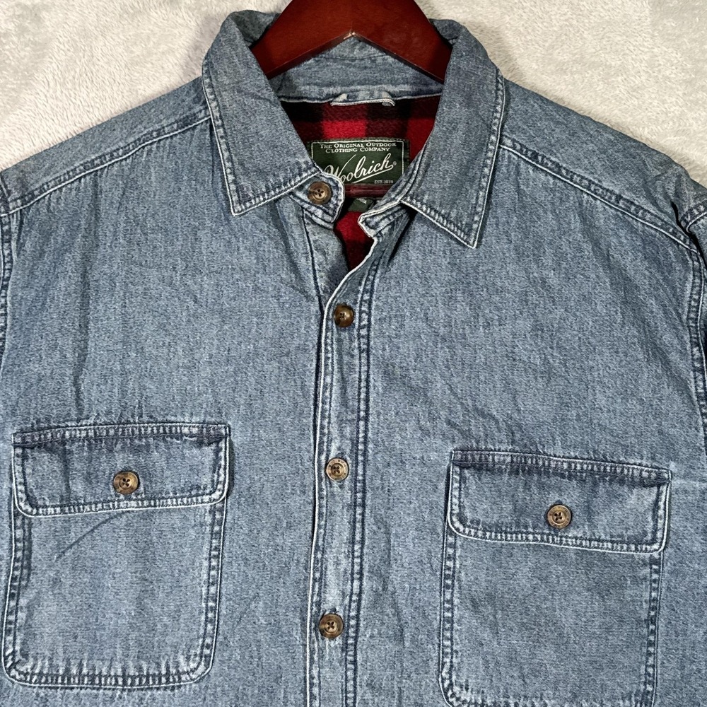 Woolrich Jacket Mens L‎ Blue Denim Quilted Insulated Buffalo Plaid Shirt Jacket